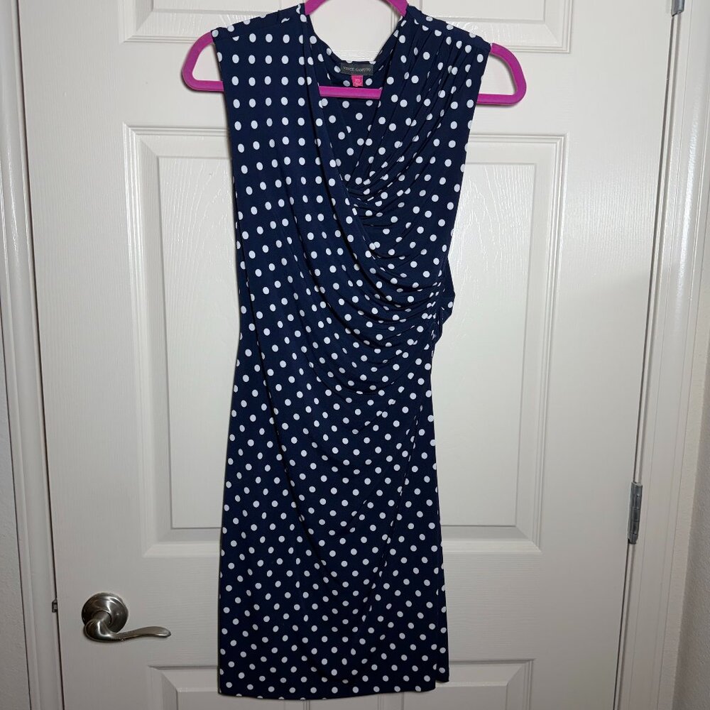 Vince Camuto Navy Polka Dot Sleeveless Ruched Dress XS